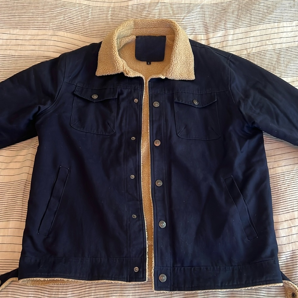 Large Blue Bomber Jacket with tan faux fur lining - Brandless